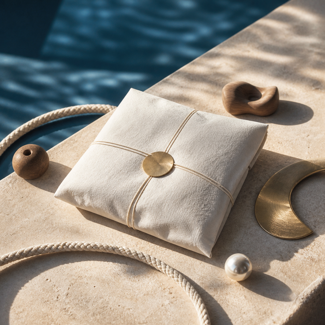 Concept image: sealed Wave Circle parcel with symbolic cord, wood, brass and pearl possibilities; exact monthly contents vary.